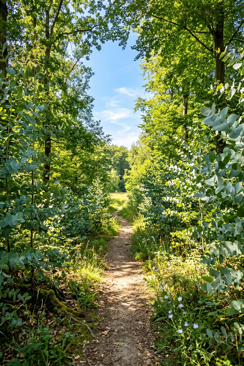 Dirt trail through lush green trees and plants on a sunny day